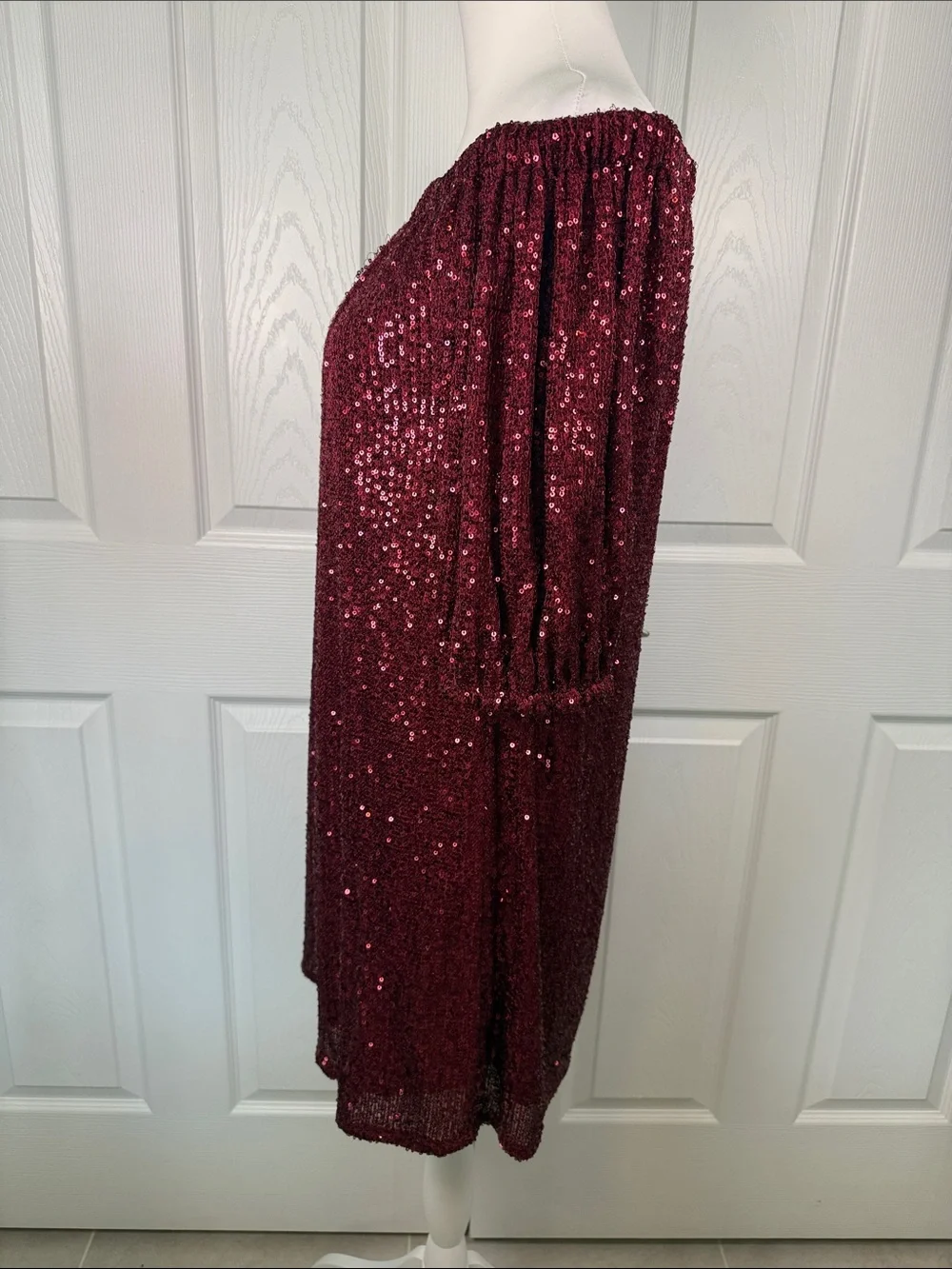 Burgundy Sequin Off Shoulder Shift Dress Boho Cocktail Wedding Party Festival✨